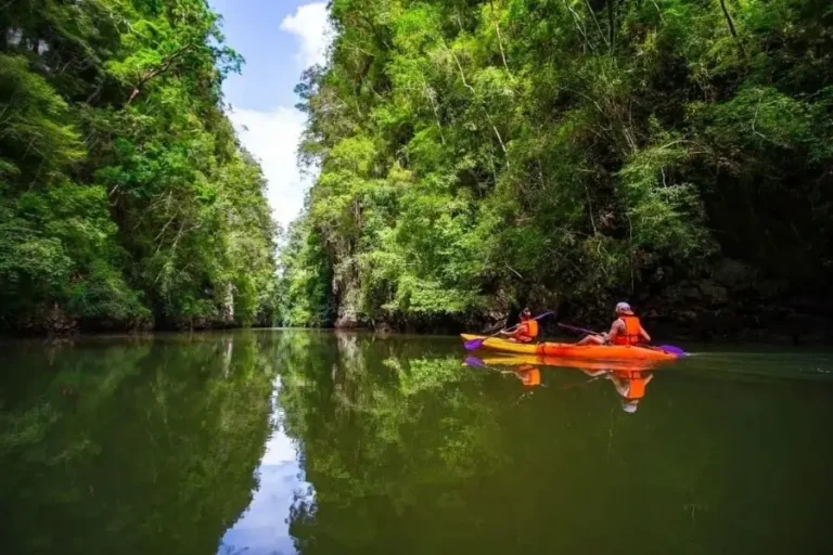 Persone in kayak in Ao Thalane circondato da foresta lussureggiante