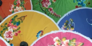 Colorati ombrellini decorati con motivi floreali dipinti a mano