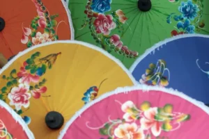 Colorati ombrellini decorati con motivi floreali dipinti a mano