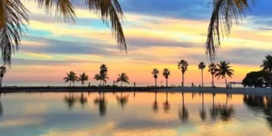Tramonto tropicale su una spiaggia con palme e riflessi sull'acqua