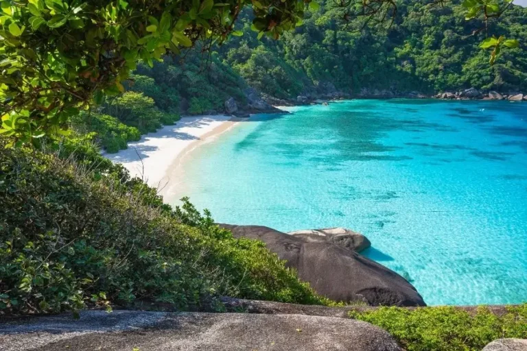 Spiaggia tropicale con sabbia bianca e acqua cristallina circondata da vegetazione lussureggiante in Similan Island