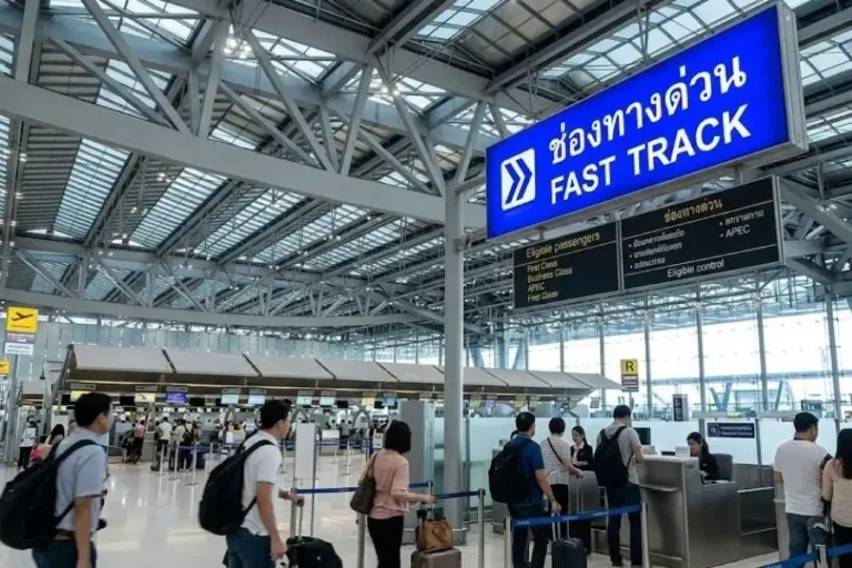 Passeggeri si avviano verso il Fast Track, nell'aeroporto di Suvarnabhumi Thailandia