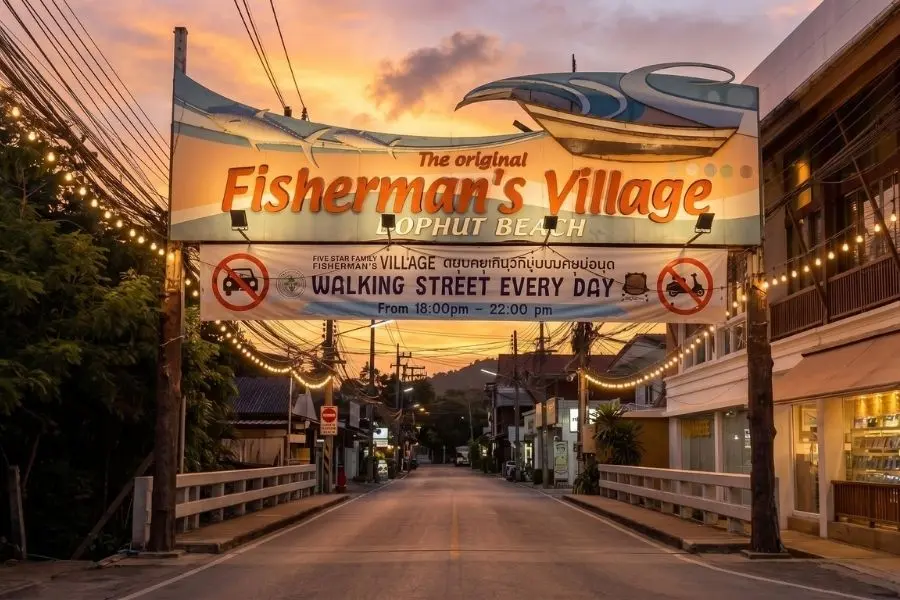 Cosa Fare a Ko Samui - l' iconica insegna all'ingresso del Fisherman's Village al tramonto