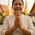Primo piano di una donna che esegue il tradizionale saluto "wai" a mani giunte davanti a un tempio buddista sfocato, un simbolo iconico degli usi e costumi in thailandia.